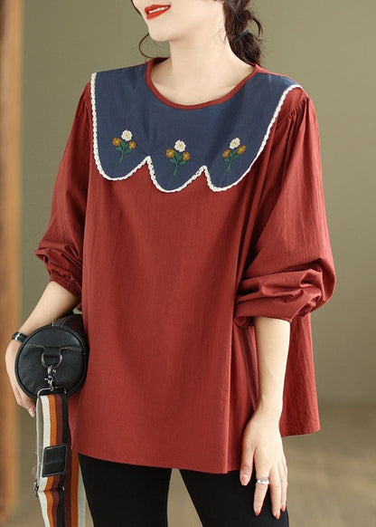 Rust Embroidered Patchwork Cotton Top Fall