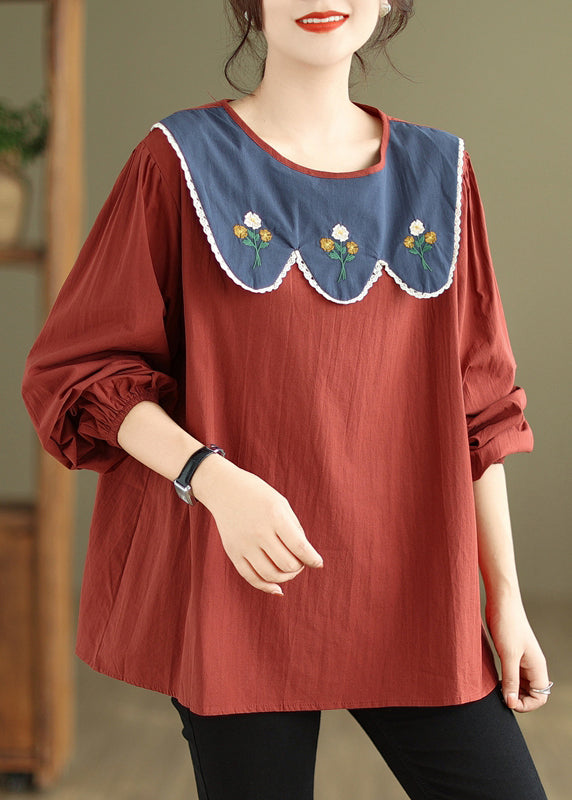 Rust Embroidered Patchwork Cotton Top Fall
