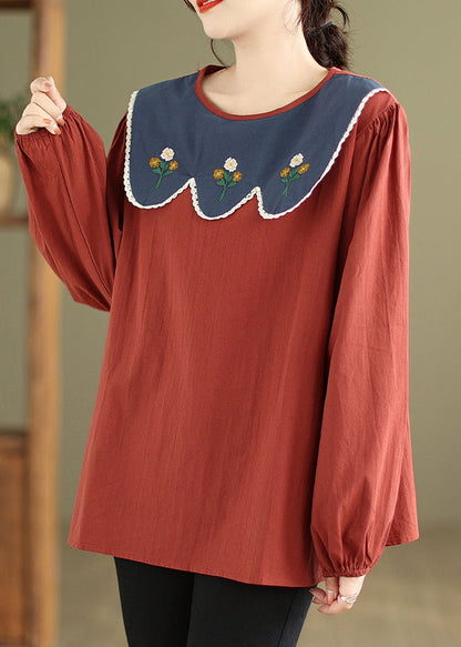 Rust Embroidered Patchwork Cotton Top Fall