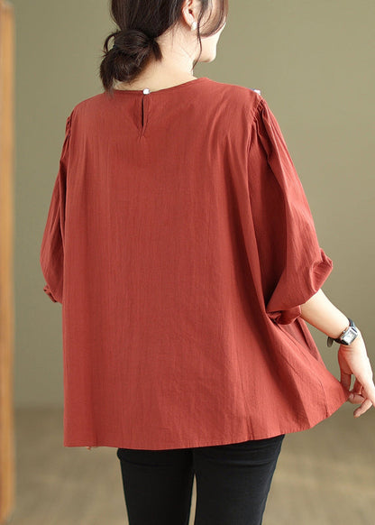 Rust Embroidered Patchwork Cotton Top Fall