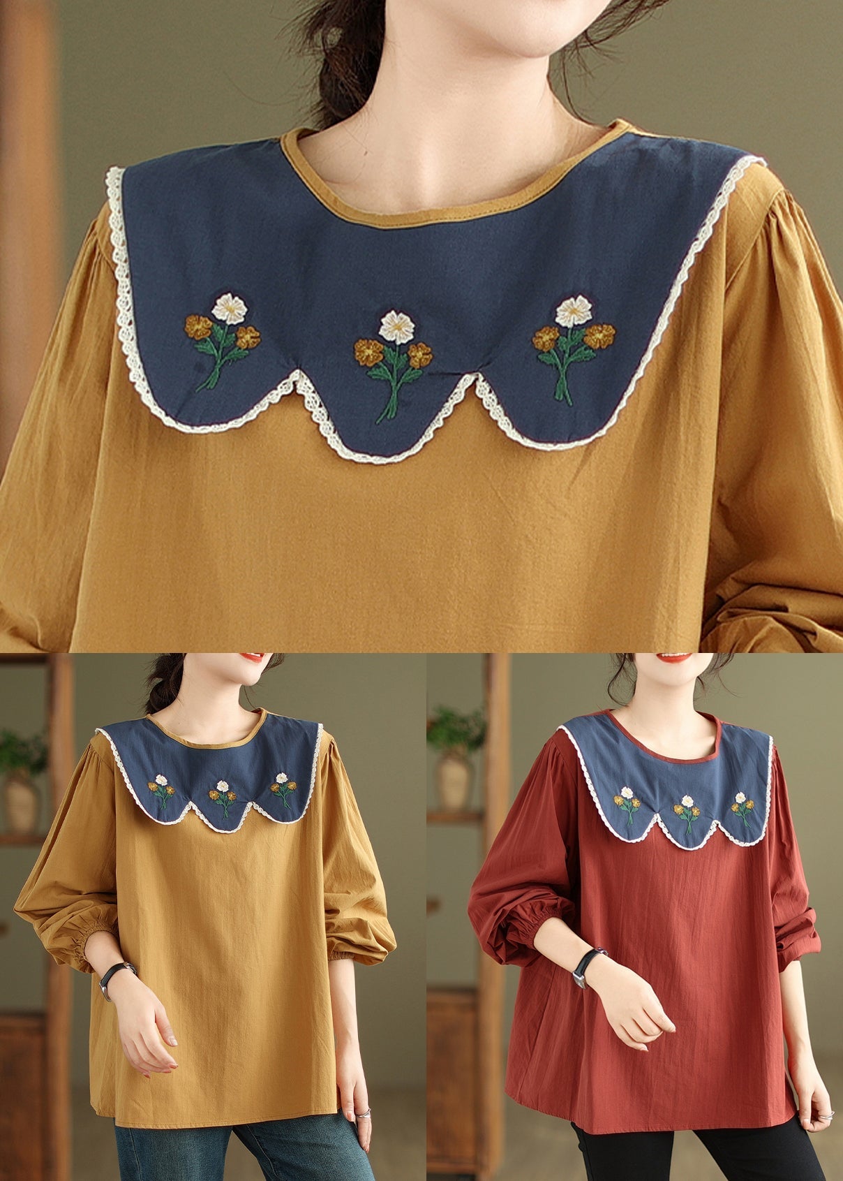 Rust Embroidered Patchwork Cotton Top Fall