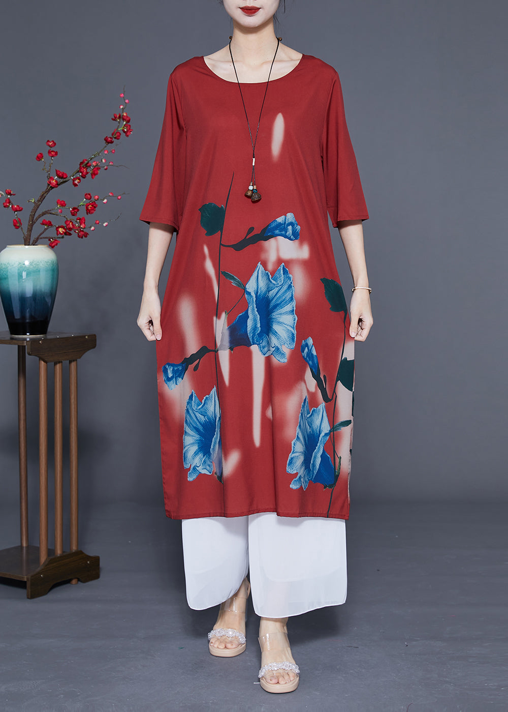 Rust O-neck Morning Glory Print Silk Robe Dresses Half Sleeve