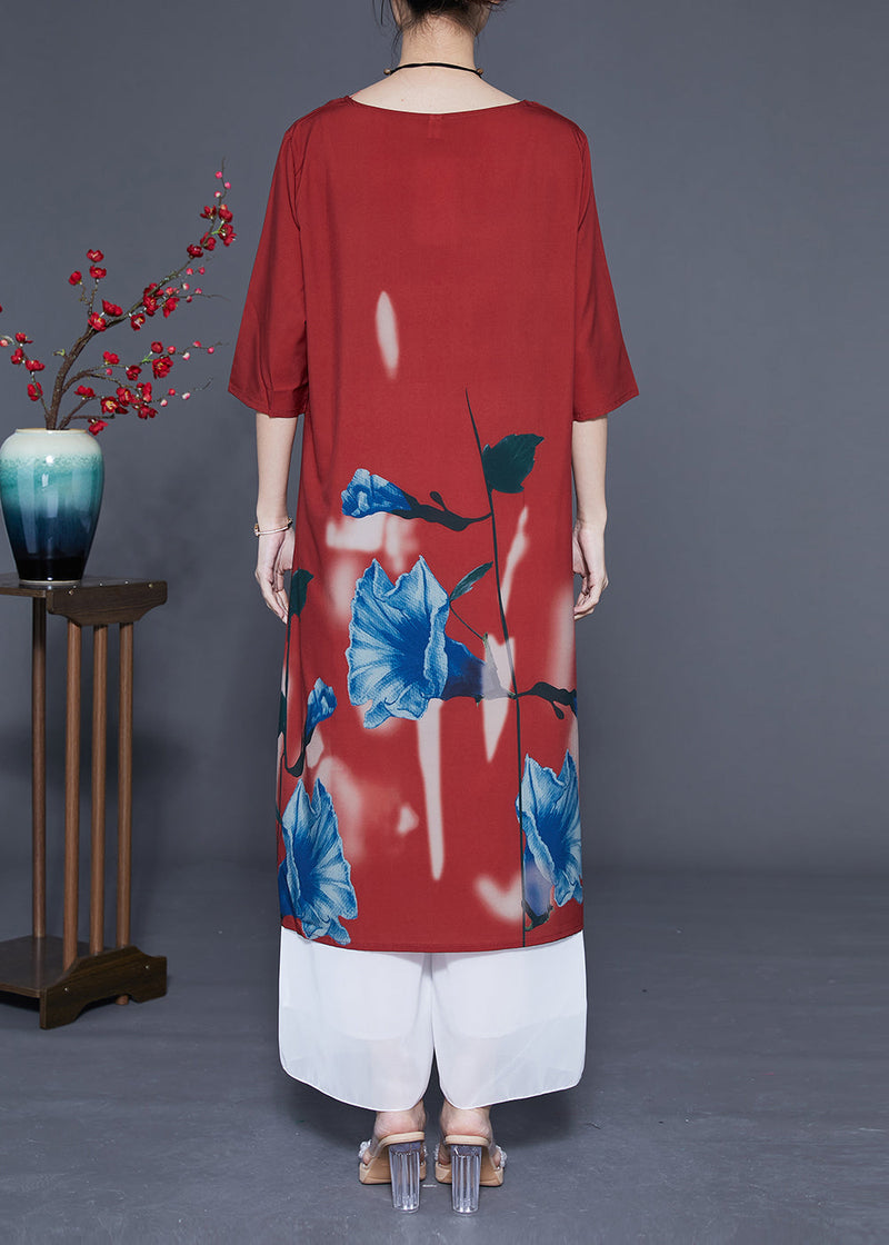 Rust O-neck Morning Glory Print Silk Robe Dresses Half Sleeve