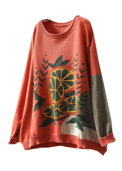 Rust O-neck Print Knitted Cotton Thread Sweaters Fall