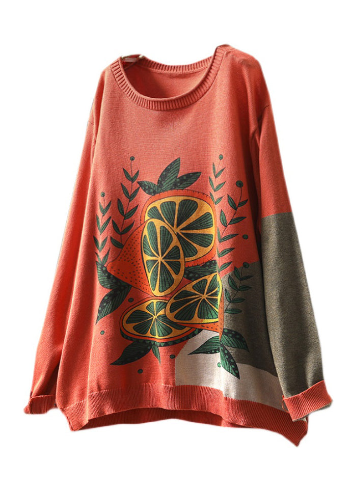Rust O-neck Print Knitted Cotton Thread Sweaters Fall