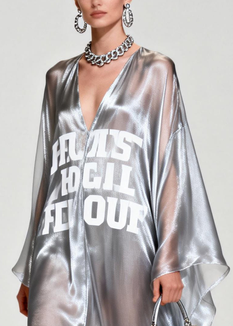 Silvery Letter Print Exra Large Hem Chiffon Beach Dresses Summer