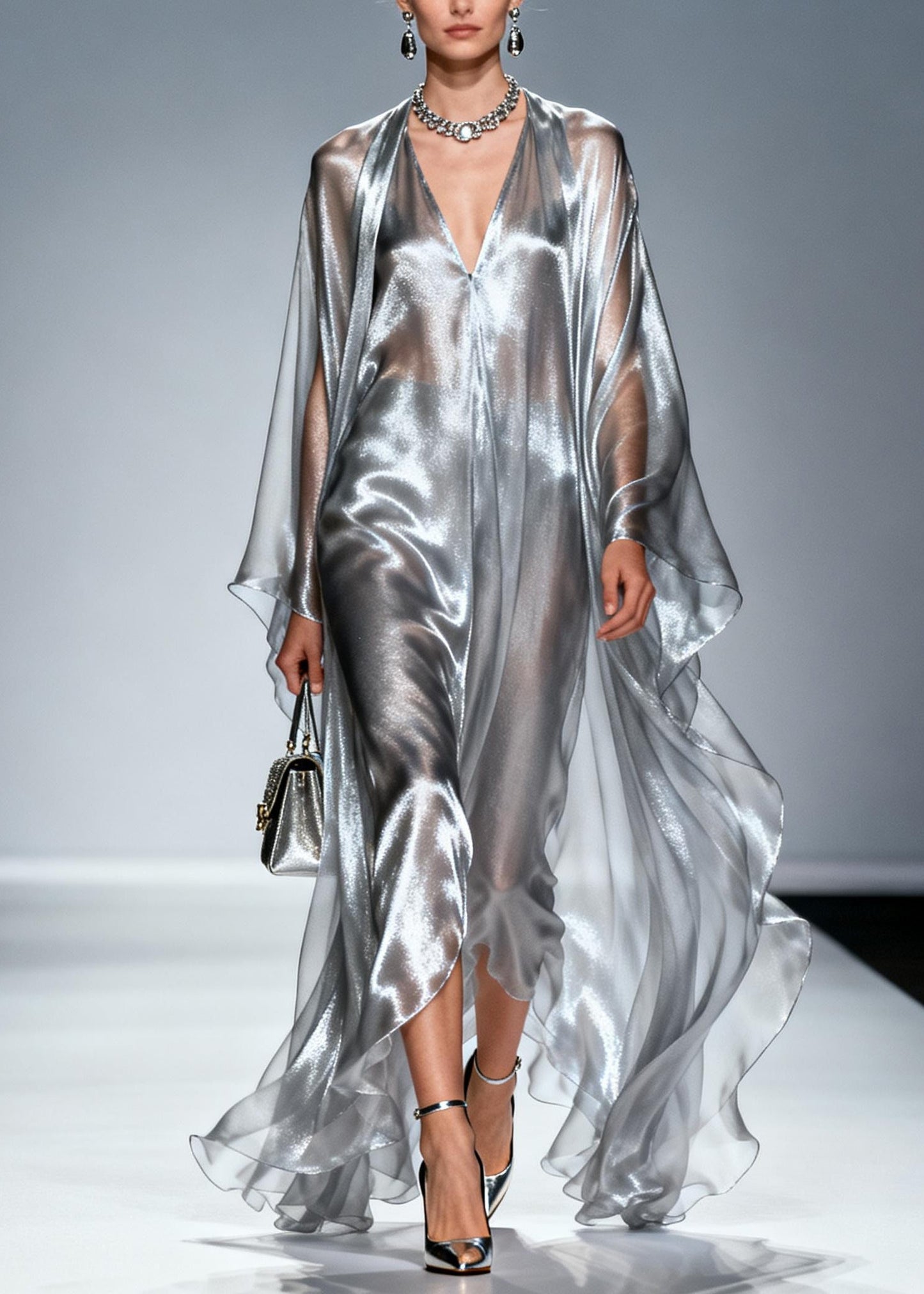 Silvery Oversized Draping Chiffon Maxi Dresses Summer