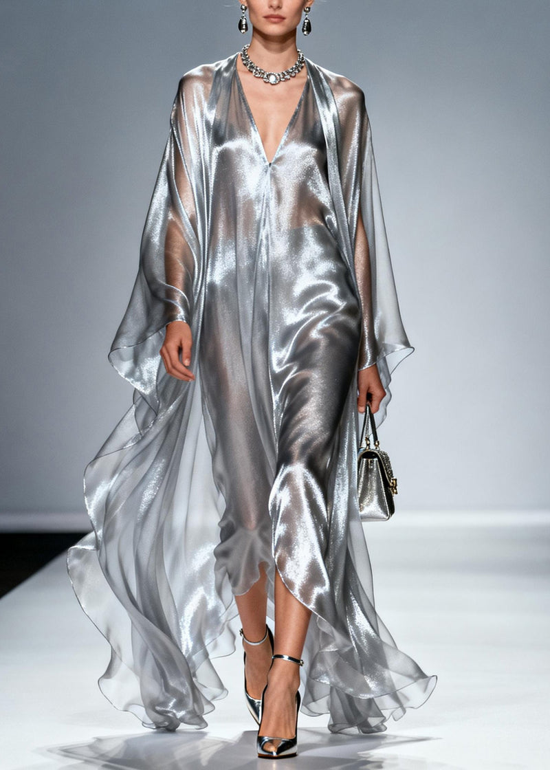 Silvery Oversized Draping Chiffon Maxi Dresses Summer