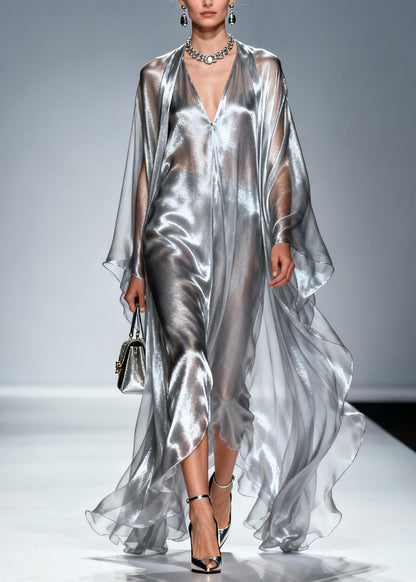 Silvery Oversized Draping Chiffon Maxi Dresses Summer