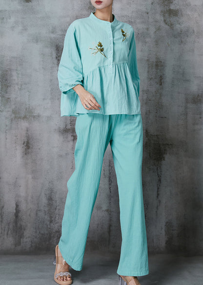 Sky Blue Embroidered Linen Two Piece Set Summer