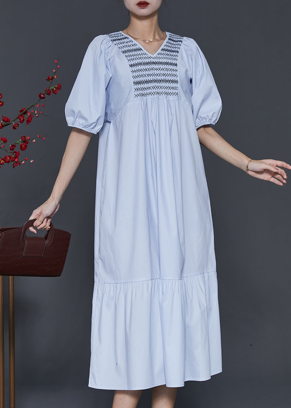 Sky Blue Embroidered Patchwork Cotton Dresses Summer