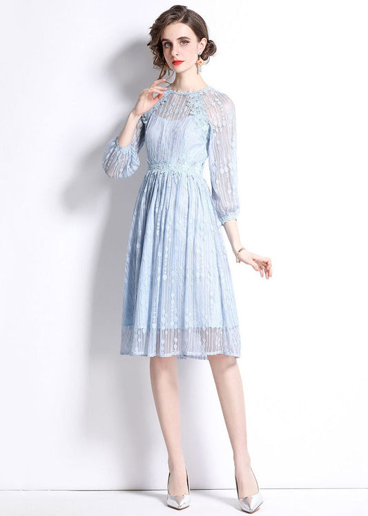 Sky Blue Embroideried Wrinkled Patchwork Lace Mid Dress Summer