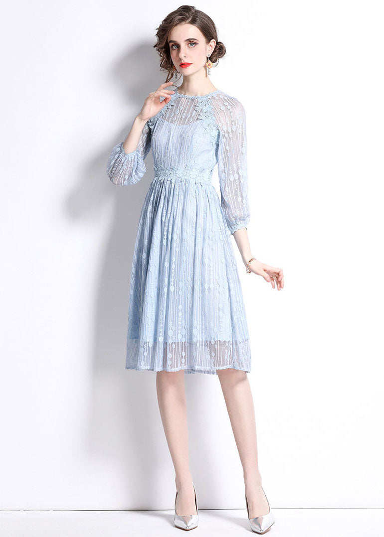 Sky Blue Embroideried Wrinkled Patchwork Lace Mid Dress Summer