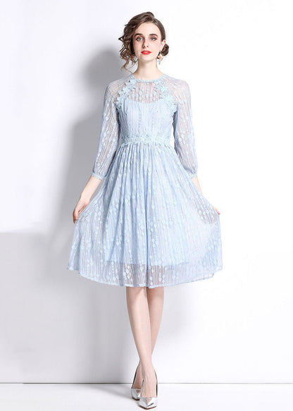 Sky Blue Embroideried Wrinkled Patchwork Lace Mid Dress Summer