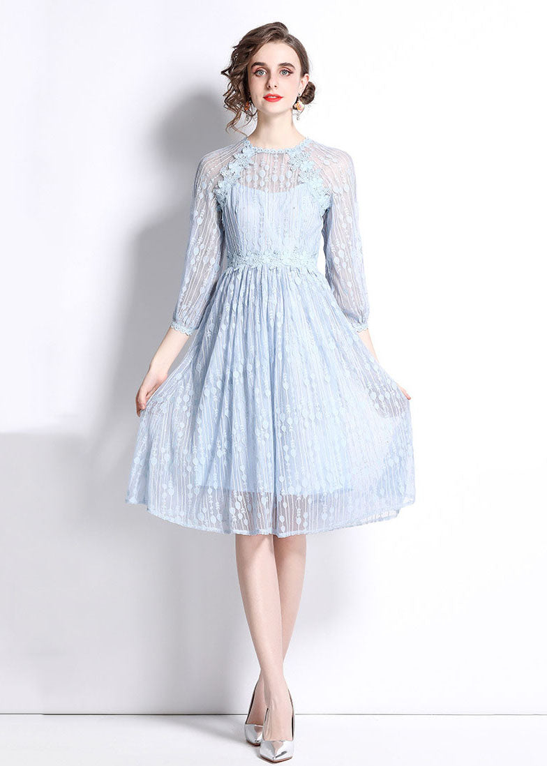 Sky Blue Embroideried Wrinkled Patchwork Lace Mid Dress Summer