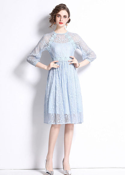 Sky Blue Embroideried Wrinkled Patchwork Lace Mid Dress Summer