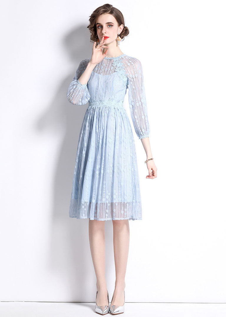 Sky Blue Embroideried Wrinkled Patchwork Lace Mid Dress Summer