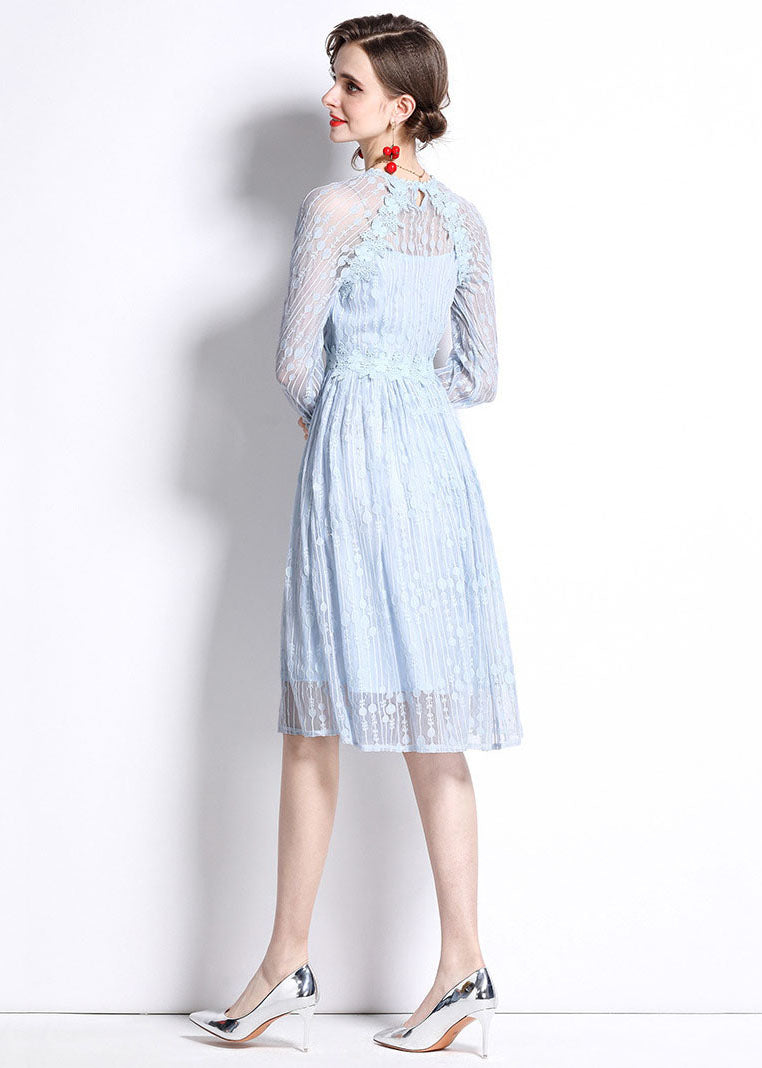 Sky Blue Embroideried Wrinkled Patchwork Lace Mid Dress Summer