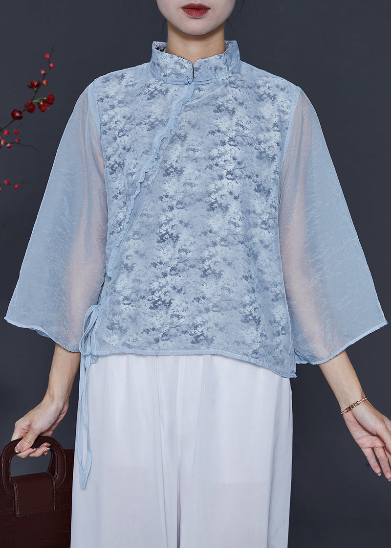 Sky Blue Mandarin Collar Print Chiffon Shirt Top Spring