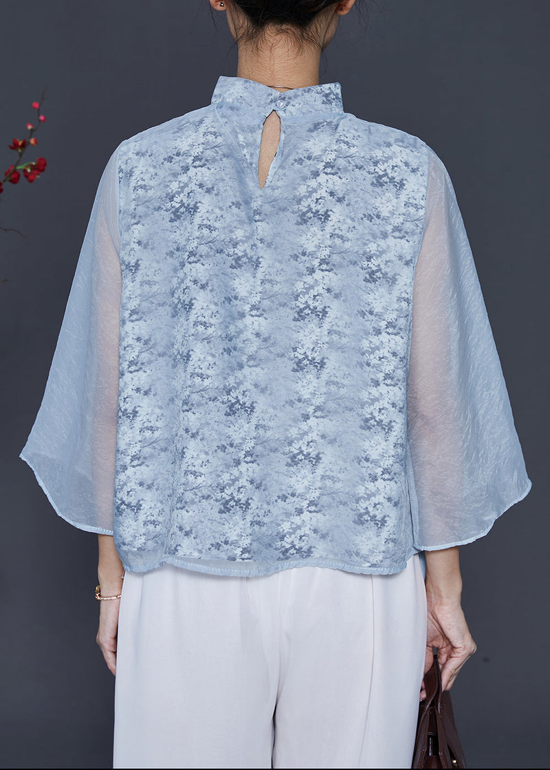 Sky Blue Mandarin Collar Print Chiffon Shirt Top Spring