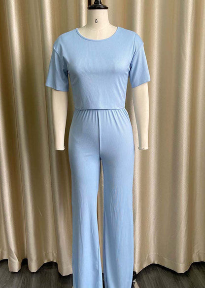 Sky Blue O Neck Tops and Pants Knitting Cotton Two Piece Set Summer