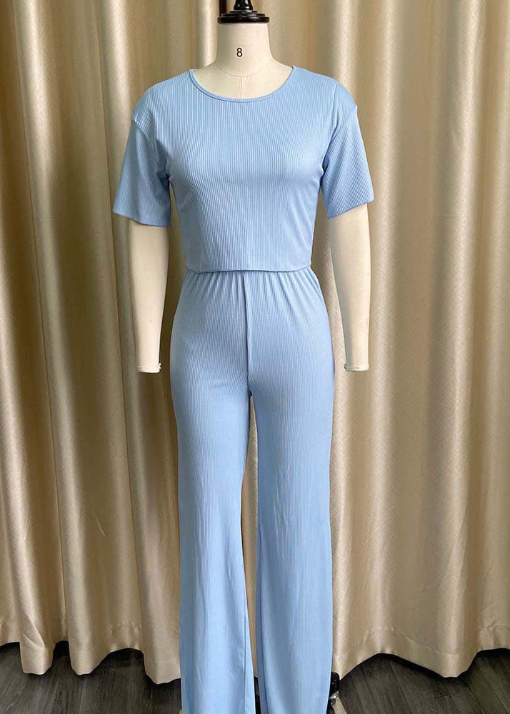 Sky Blue O Neck Tops and Pants Knitting Cotton Two Piece Set Summer