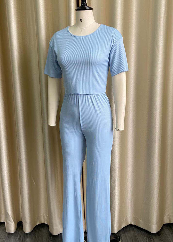 Sky Blue O Neck Tops and Pants Knitting Cotton Two Piece Set Summer