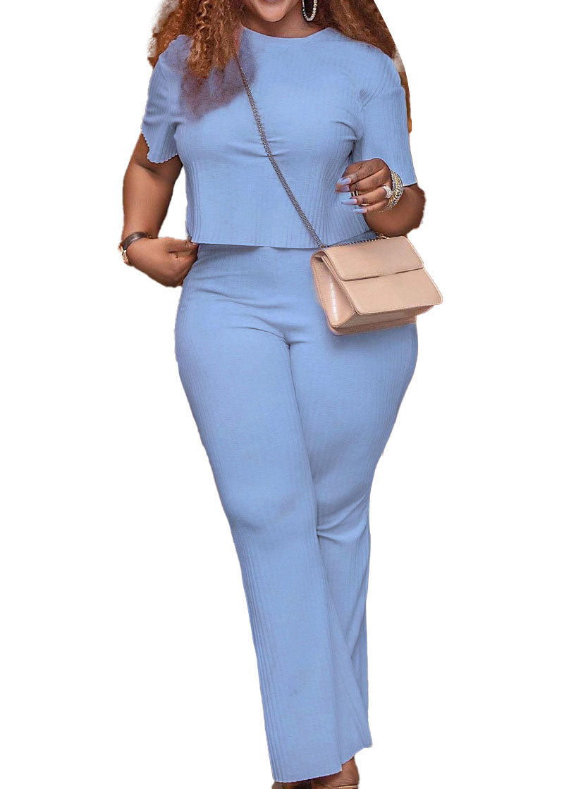 Sky Blue O Neck Tops and Pants Knitting Cotton Two Piece Set Summer