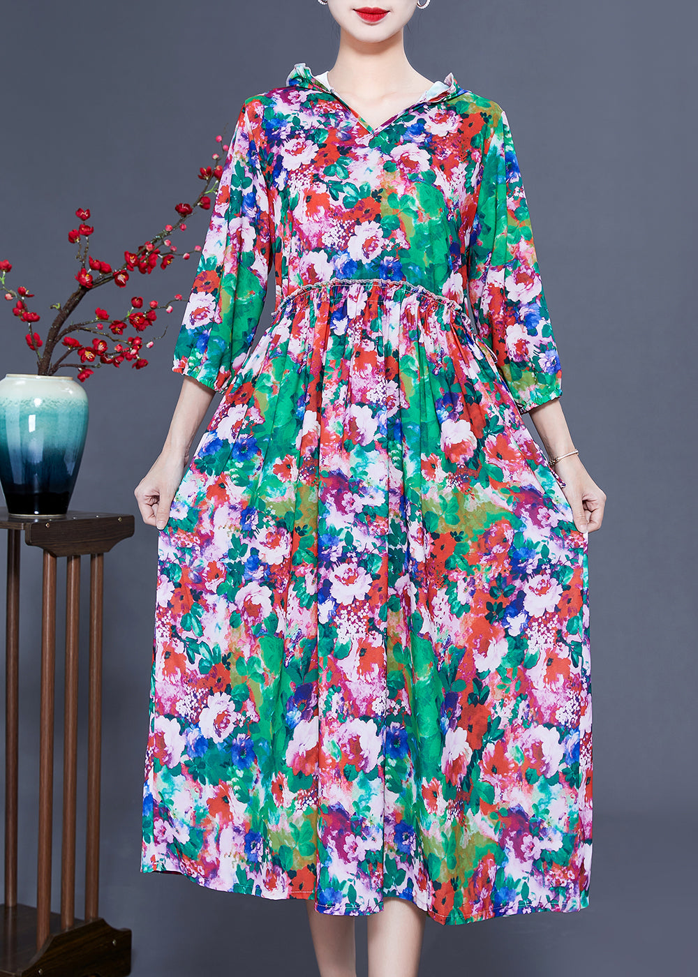 Slim Fit Hooded Ruffled Print Silk Long Dresses Summer