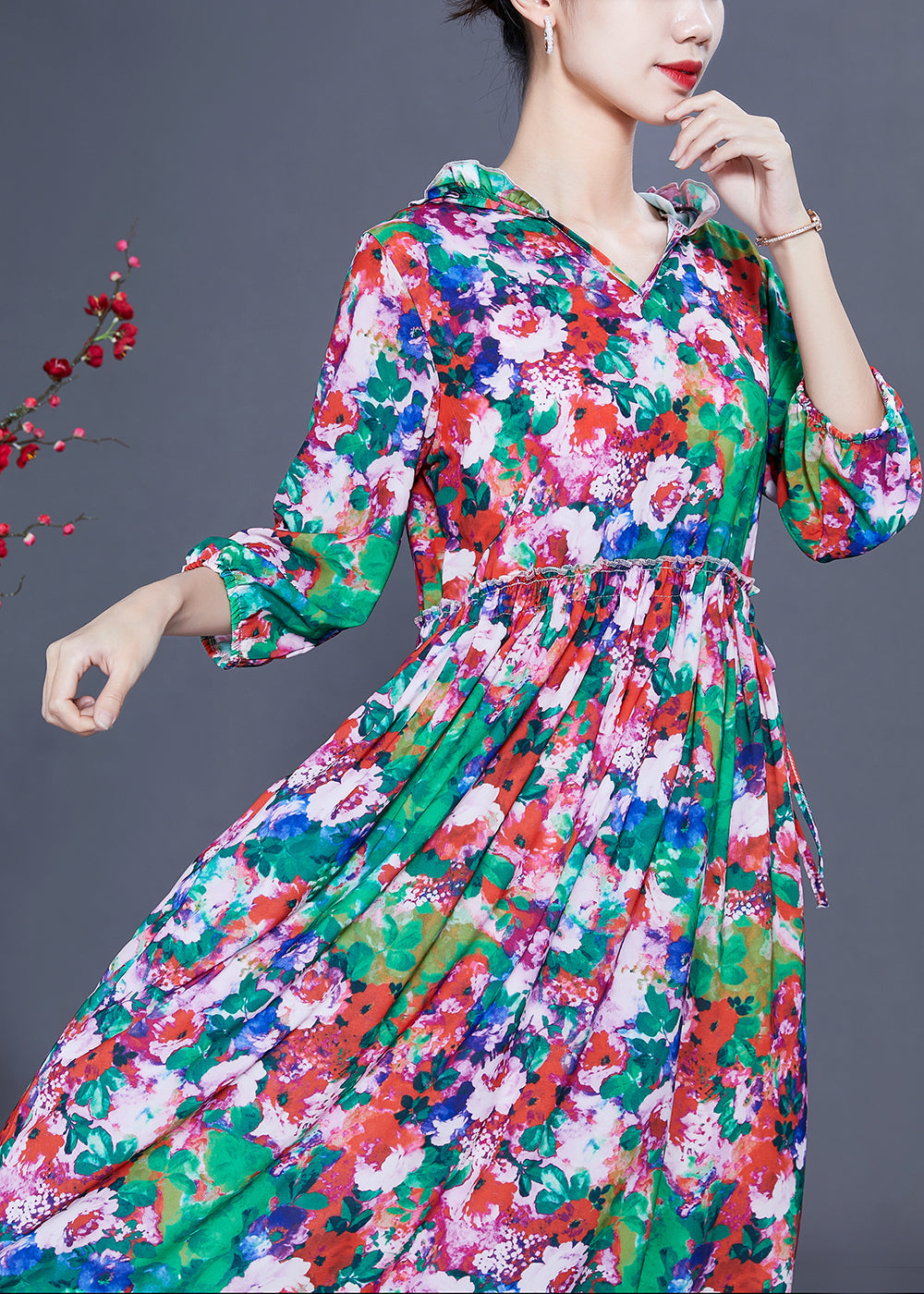 Slim Fit Hooded Ruffled Print Silk Long Dresses Summer