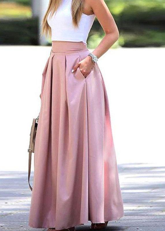 Color High Waist Big Swing Zipper Loose Long Skirt With Pocket