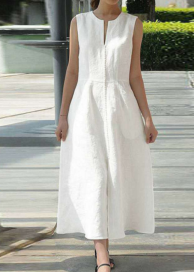 White Flowers Sleeveless V-neck Back Zipper Pocket Dress