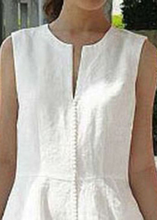 White Flowers Sleeveless V-neck Back Zipper Pocket Dress