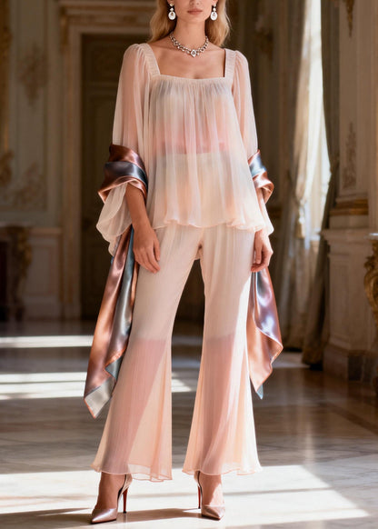 Square Collar Patchwork Silk Two Pieces Set Summer