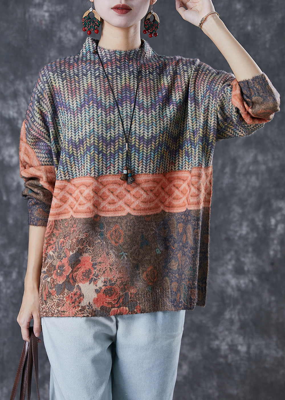 Stand Collar Print Warm Knitted Tops Winter