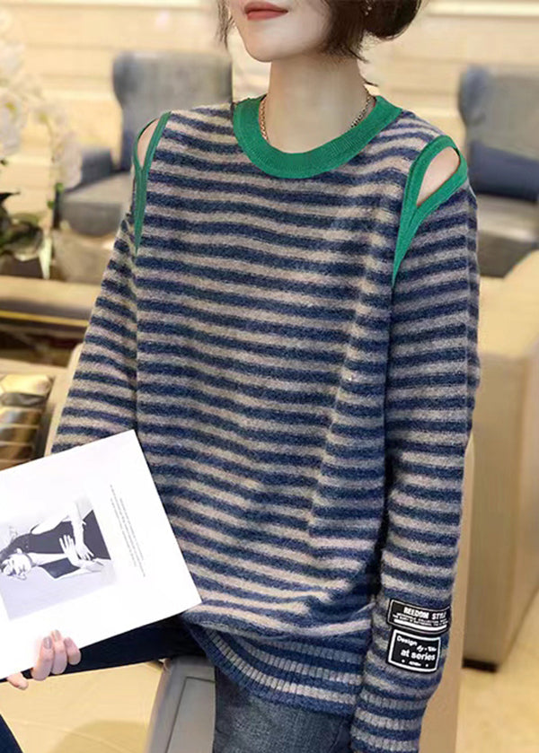 Striped O Neck Hollow Out Patchwork Knit Sweaters Top Fall