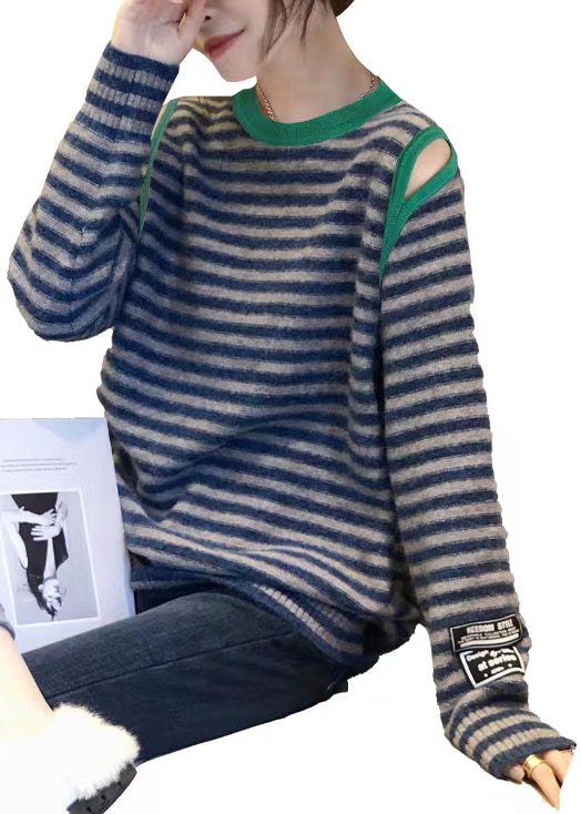 Striped O Neck Hollow Out Patchwork Knit Sweaters Top Fall