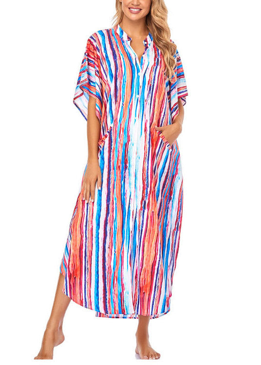 Striped Side Open Button Maxi Beach Dress Short Sleeve