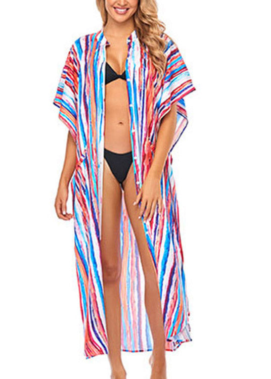 Striped Side Open Button Maxi Beach Dress Short Sleeve