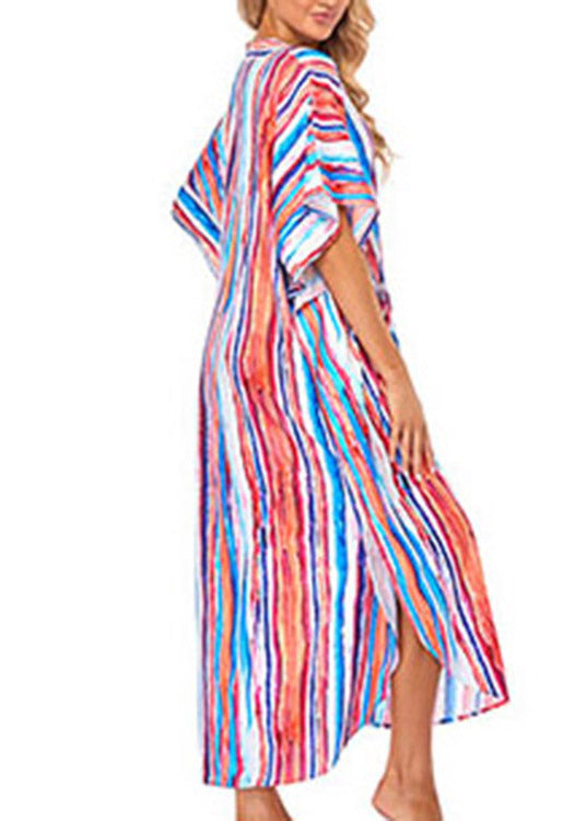 Striped Side Open Button Maxi Beach Dress Short Sleeve