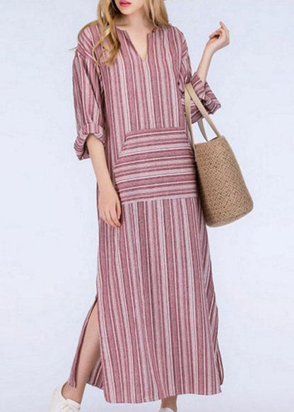 Striped V Neck Long Sleeve Loose Maxi Dress