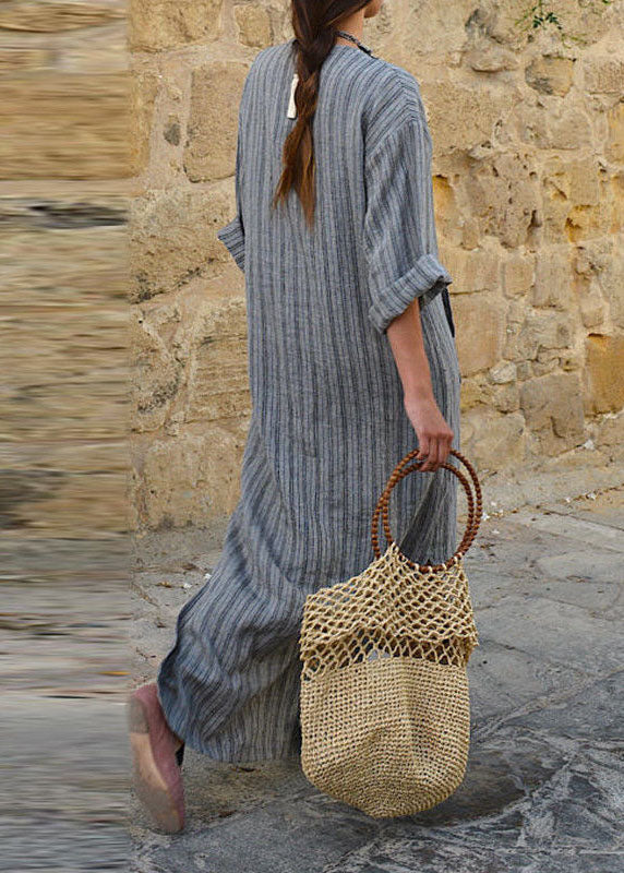 Striped V Neck Long Sleeve Loose Maxi Dress