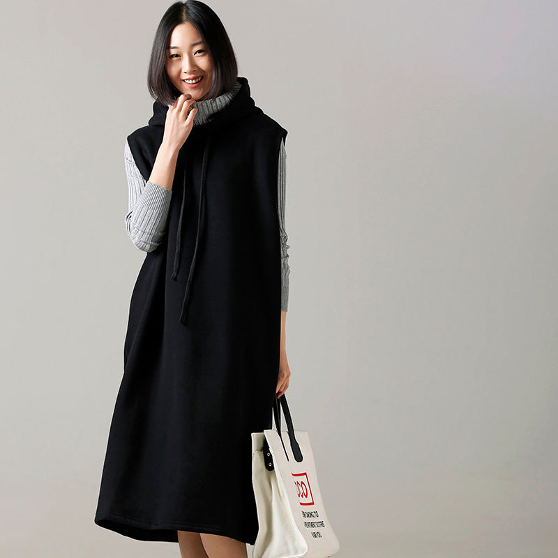 Sweater Weather Refashion Fall Hooded Black Big Knitted Tops Sleeveless