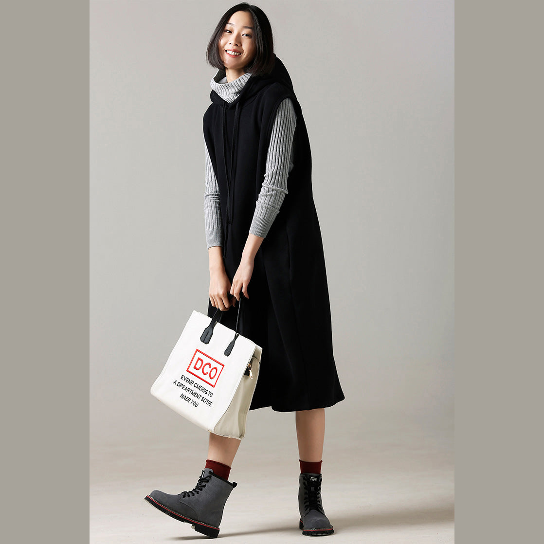 Sweater Weather Refashion Fall Hooded Black Big Knitted Tops Sleeveless