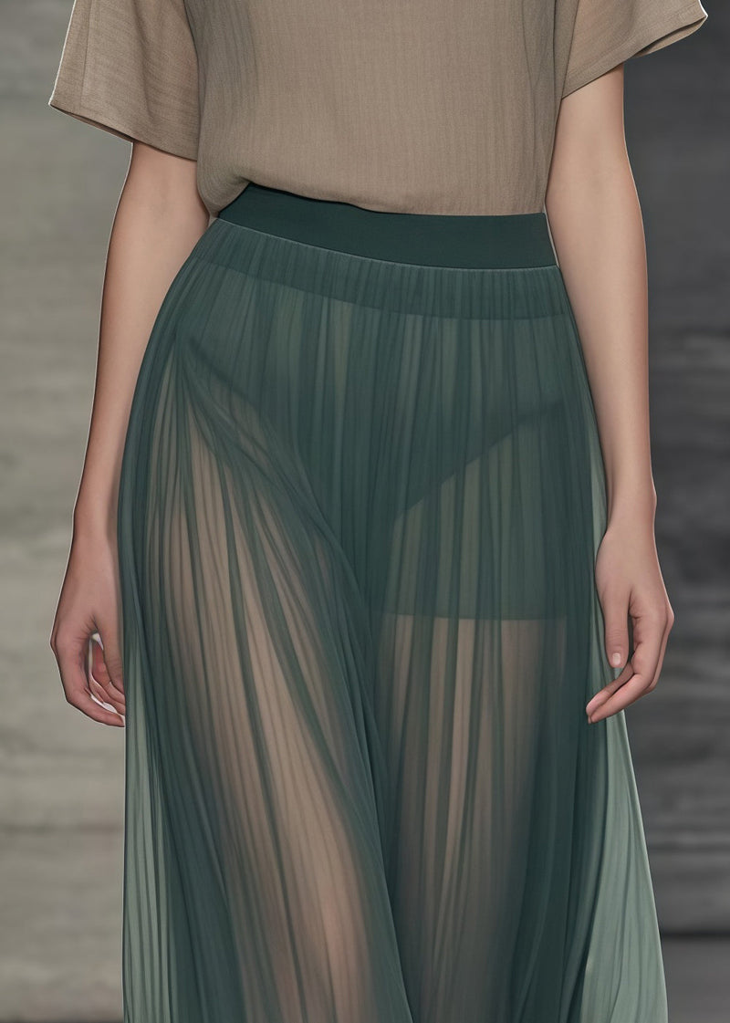 Tea Green Elastic Waist Tulle Pleated Skirts Summer