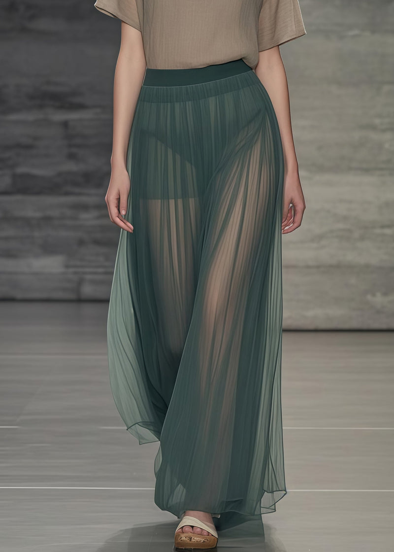 Tea Green Elastic Waist Tulle Pleated Skirts Summer