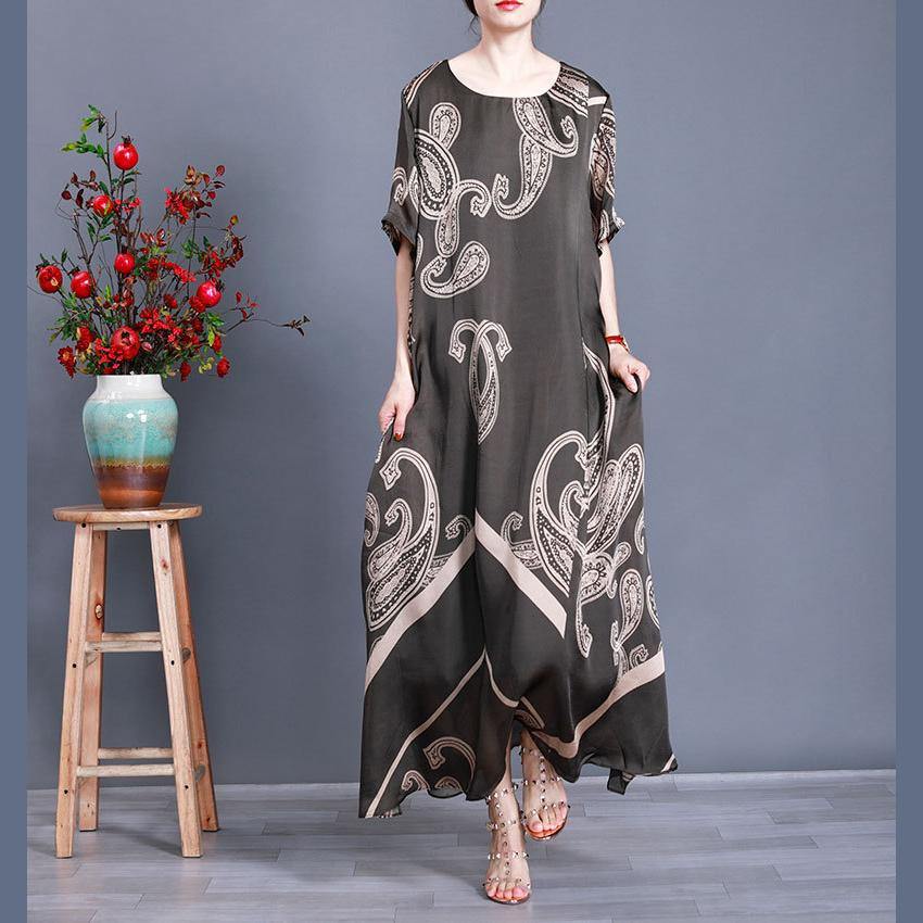 Tea Green Print Loose Silk Dress Summer