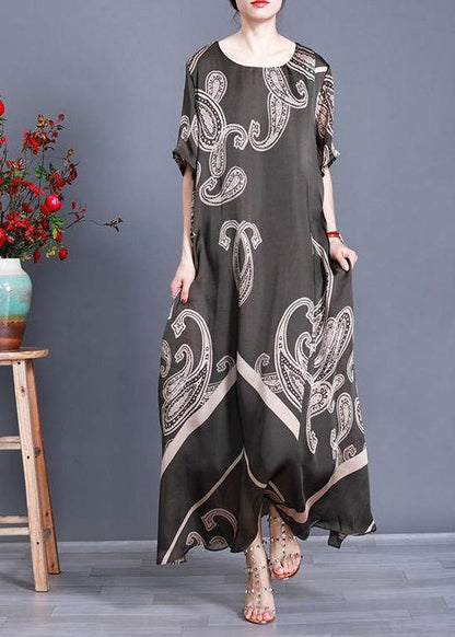 Tea Green Print Loose Silk Dress Summer