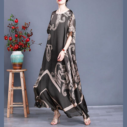 Tea Green Print Loose Silk Dress Summer