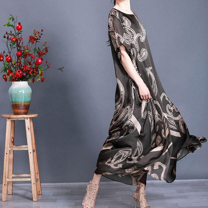 Tea Green Print Loose Silk Dress Summer